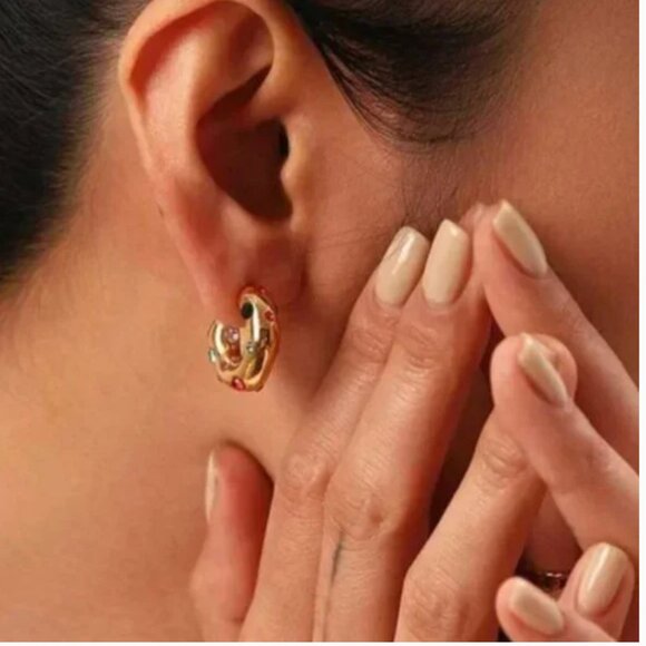 ⭐️❤️❤️FREE Rainbow Rhinestone Crescent Hoop Minimalist Modern Chic Glam Earrings - Picture 2 of 4